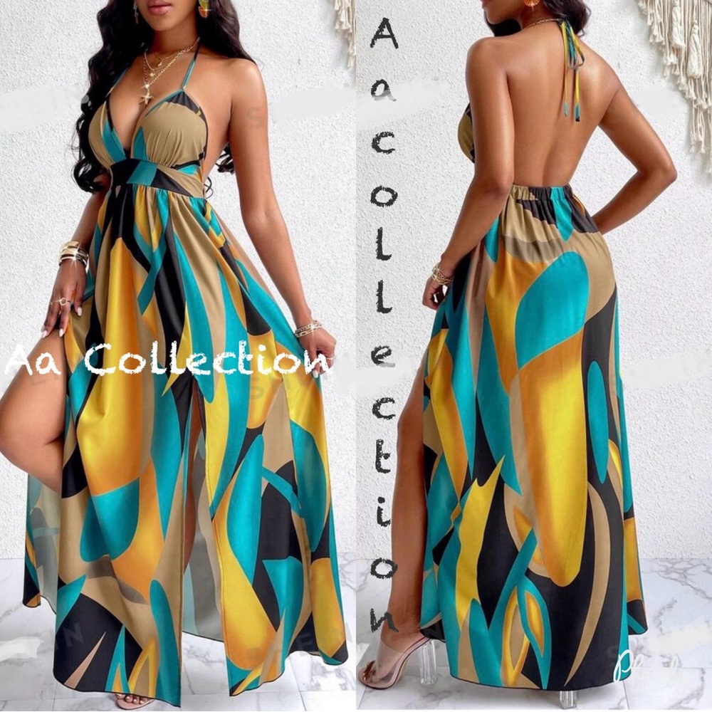 Boho Abstract Print Double Slit Backless Open Back Maxi Dress - Picture 1 of 6